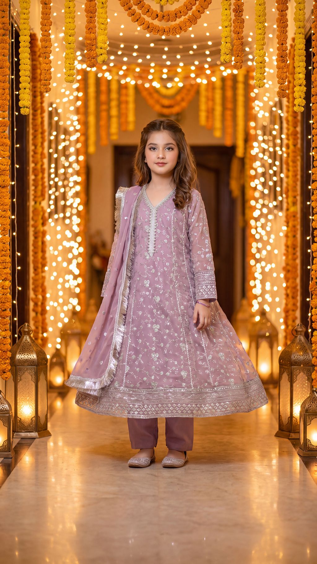 RUDAINA — Lavender Mist: Silver Embroidered Festive Maxi Dress with Trouser & Dupatta