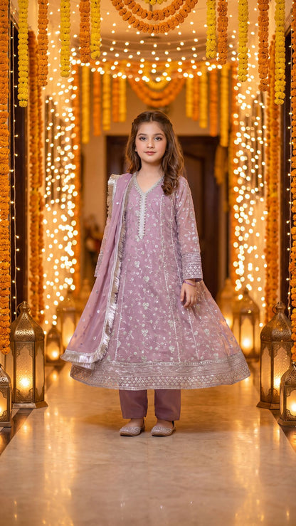 RUDAINA — Lavender Mist: Silver Embroidered Festive Maxi Dress with Trouser & Dupatta