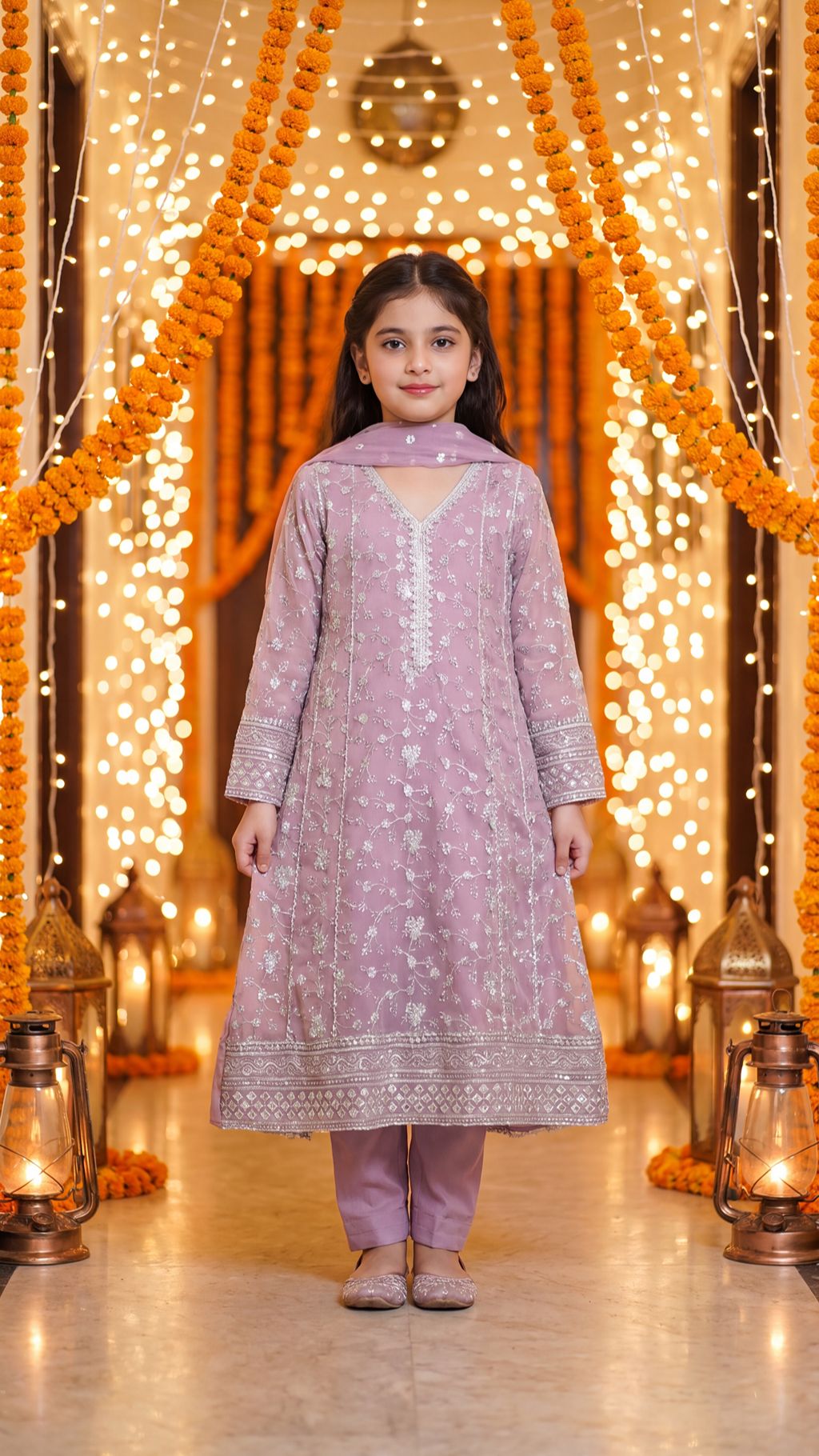 RUDAINA — Lavender Mist: Silver Embroidered Festive Maxi Dress with Trouser & Dupatta