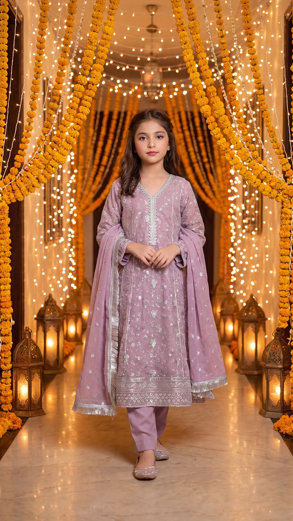 RUDAINA — Lavender Mist: Silver Embroidered Festive Maxi Dress with Trouser & Dupatta