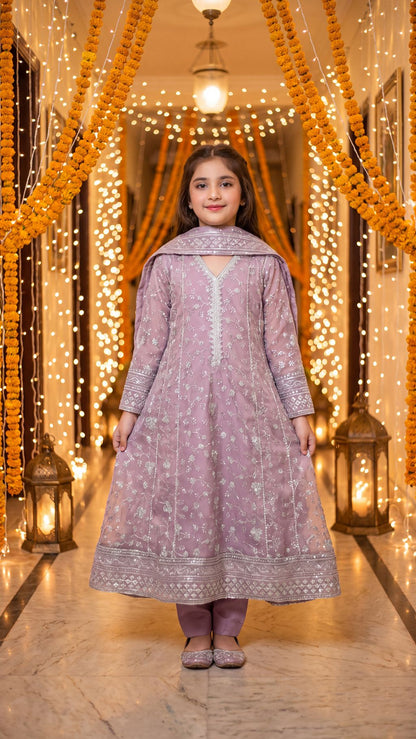 RUDAINA — Lavender Mist: Silver Embroidered Festive Maxi Dress with Trouser & Dupatta