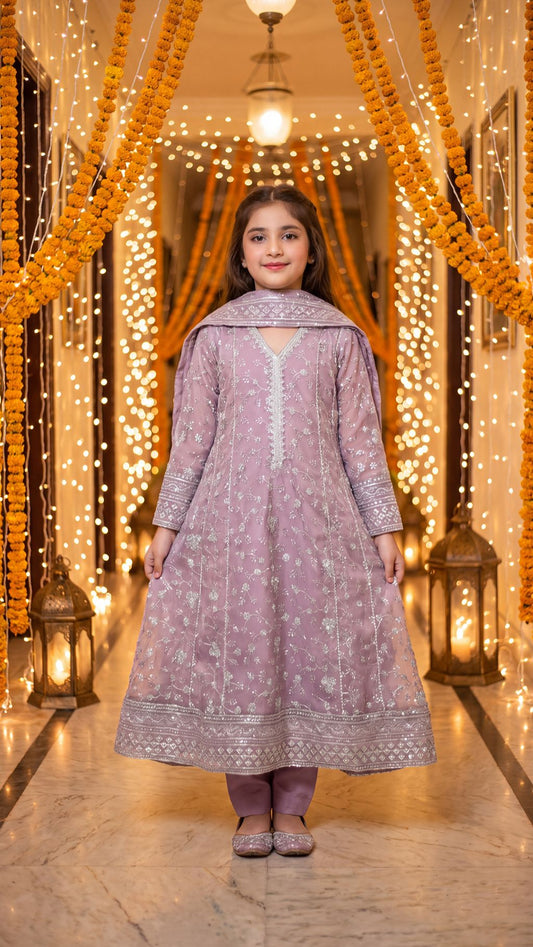 RUDAINA — Lavender Mist: Silver Embroidered Festive Maxi Dress with Trouser & Dupatta
