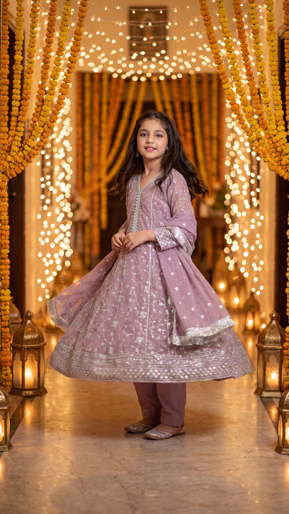 RUDAINA — Lavender Mist: Silver Embroidered Festive Maxi Dress with Trouser & Dupatta