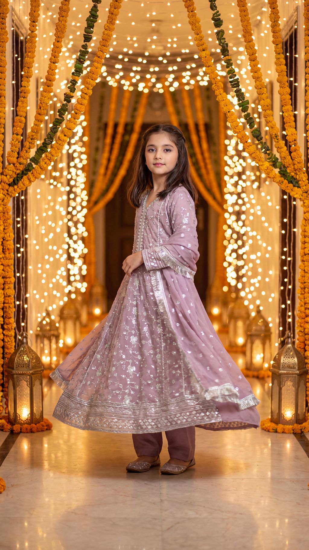 RUDAINA — Lavender Mist: Silver Embroidered Festive Maxi Dress with Trouser & Dupatta