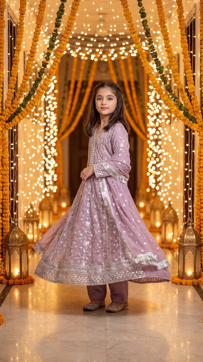 RUDAINA — Lavender Mist: Silver Embroidered Festive Maxi Dress with Trouser & Dupatta