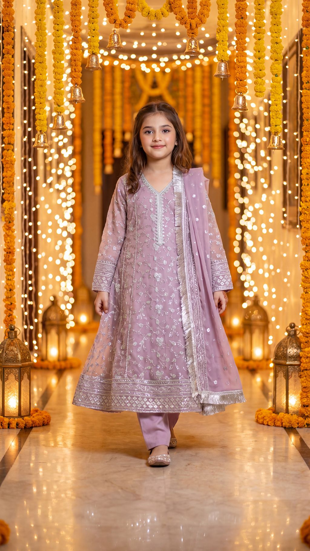 RUDAINA — Lavender Mist: Silver Embroidered Festive Maxi Dress with Trouser & Dupatta