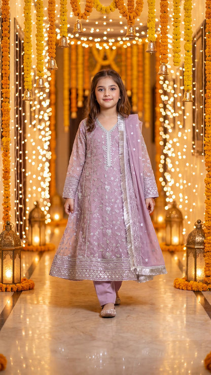 RUDAINA — Lavender Mist: Silver Embroidered Festive Maxi Dress with Trouser & Dupatta