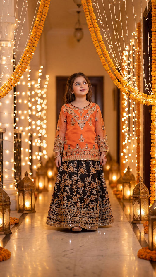 Mehrunisa - Vibrant Orange & Black Embroidered Lehenga Set