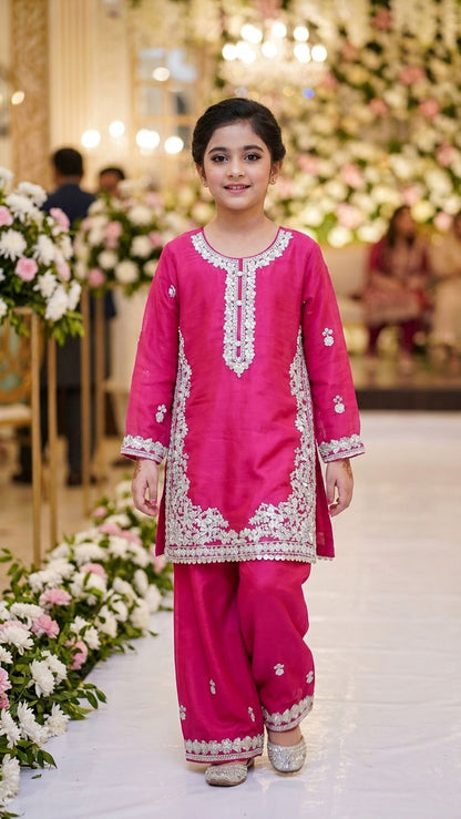 Natasha - Fuchsia Pink Silver-Embroidered Kurta & Trouser Set