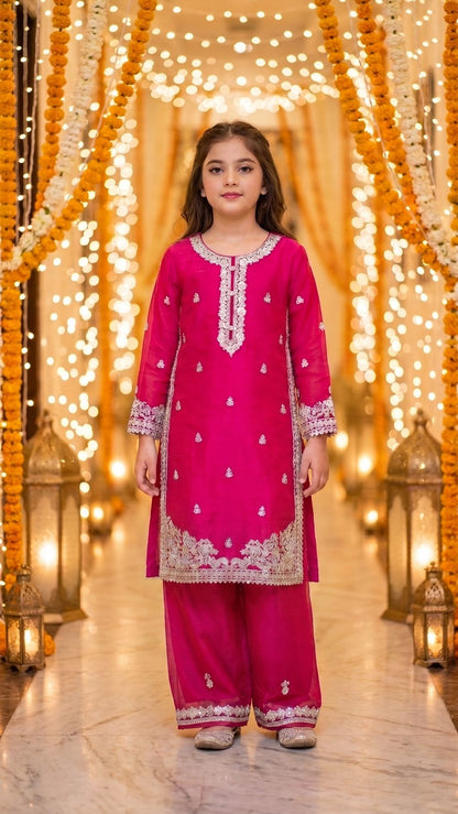 Natasha - Fuchsia Pink Silver-Embroidered Kurta & Trouser Set