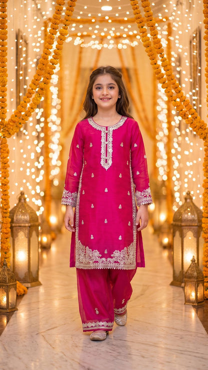 Natasha - Fuchsia Pink Silver-Embroidered Kurta & Trouser Set