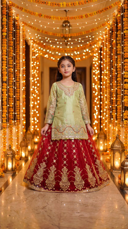 SABA — Olive & Crimson Royal Fusion Lehenga Set
