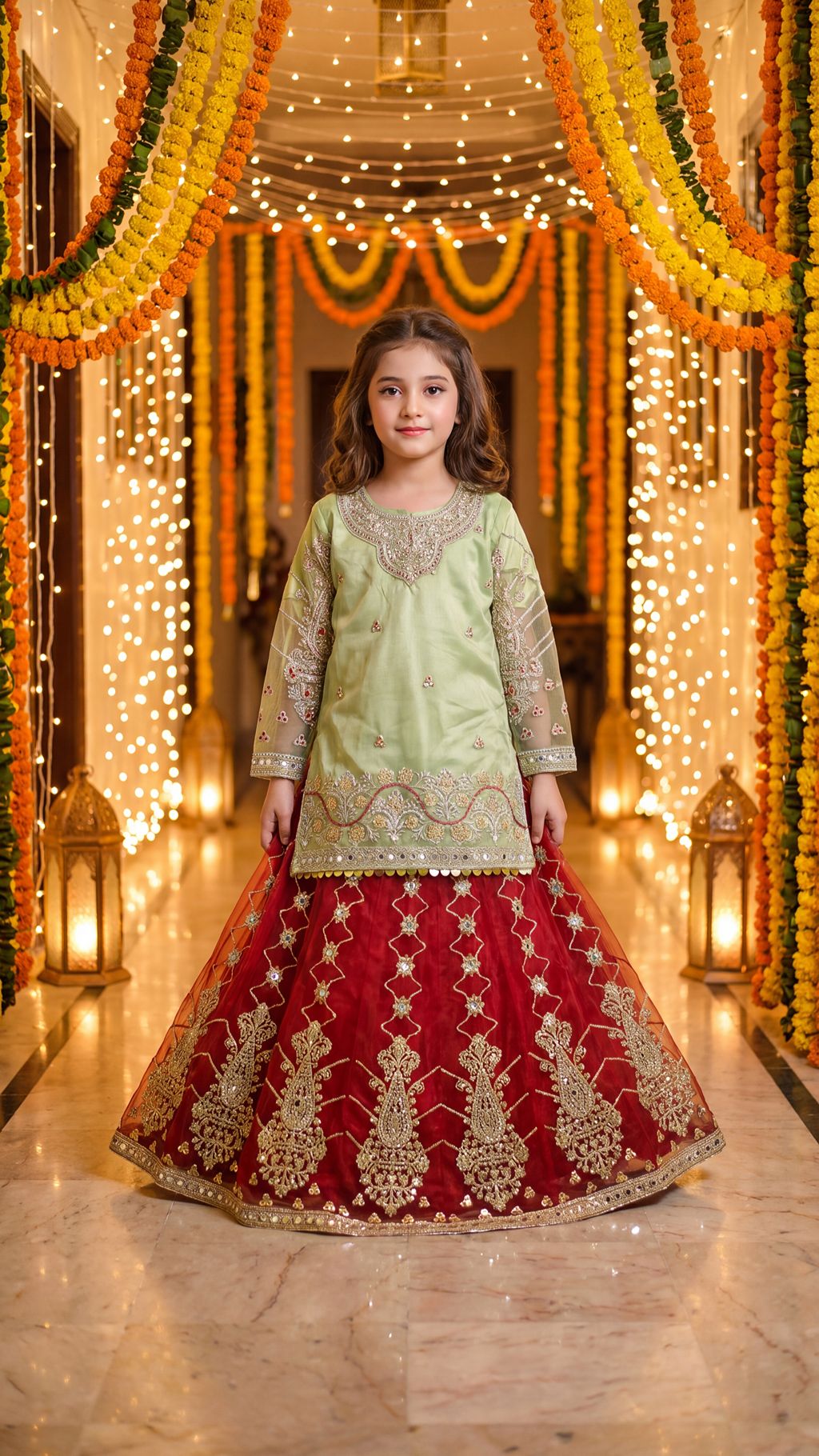 SABA — Olive & Crimson Royal Fusion Lehenga Set