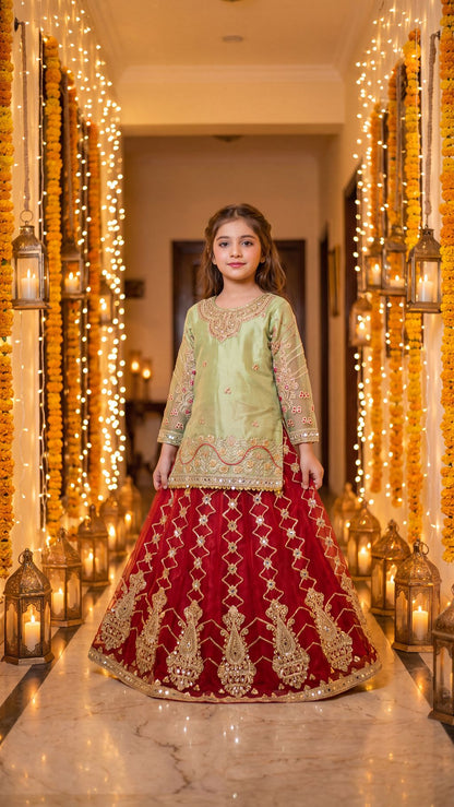 SABA — Olive & Crimson Royal Fusion Lehenga Set