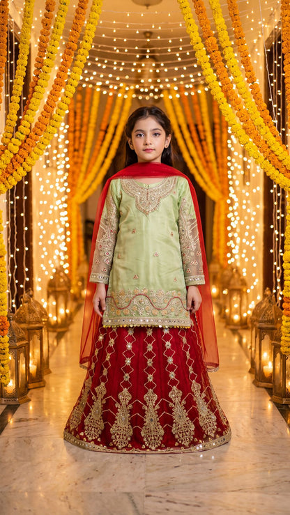 SABA — Olive & Crimson Royal Fusion Lehenga Set