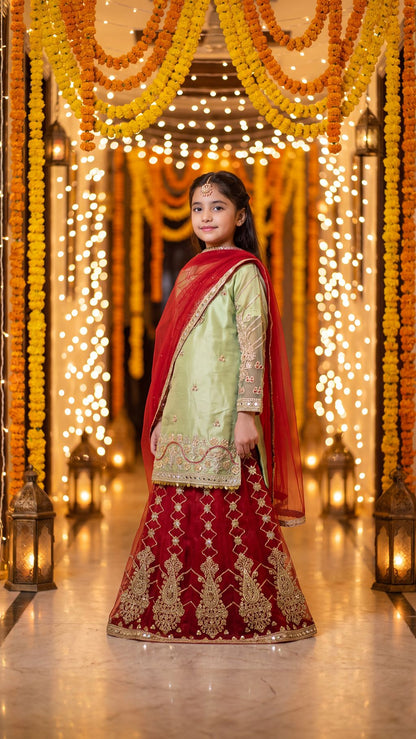 SABA — Olive & Crimson Royal Fusion Lehenga Set