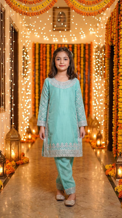 WARDAH-Mint Serenade Embroidered Festive Kurta Set