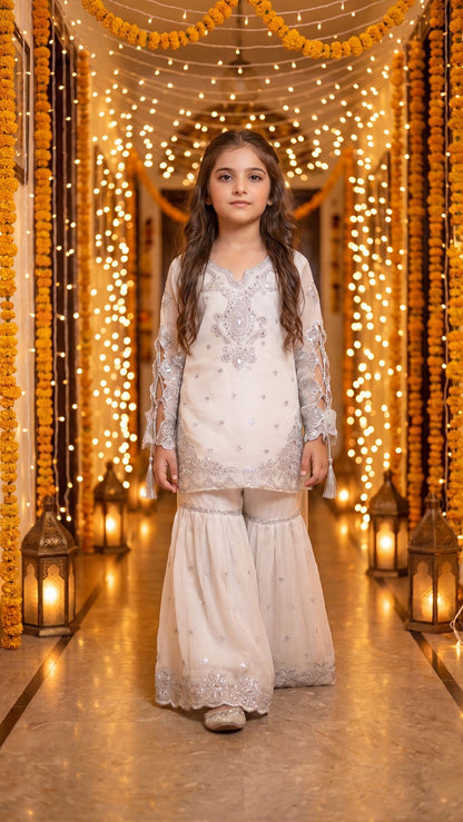ZAHRA - White & Silver Embellished Gharara Set