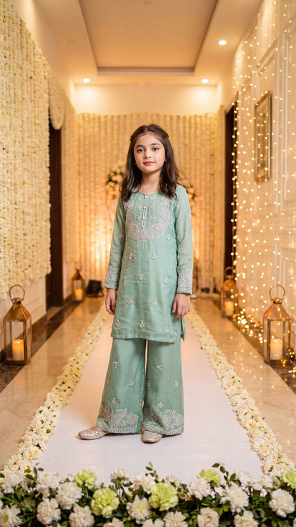 Ayla - Mint Pastel Silver-Embroidered Kurta & Trouser Set