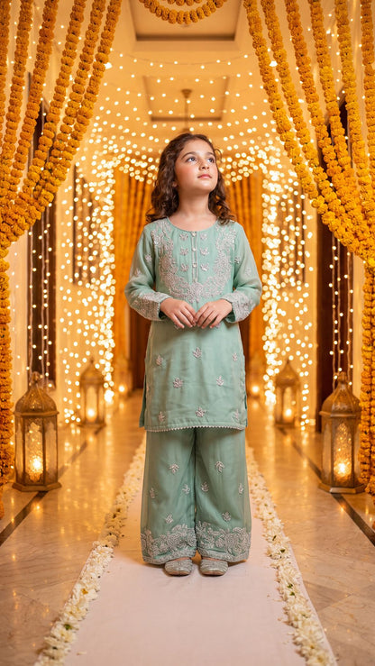 Ayla - Mint Pastel Silver-Embroidered Kurta & Trouser Set