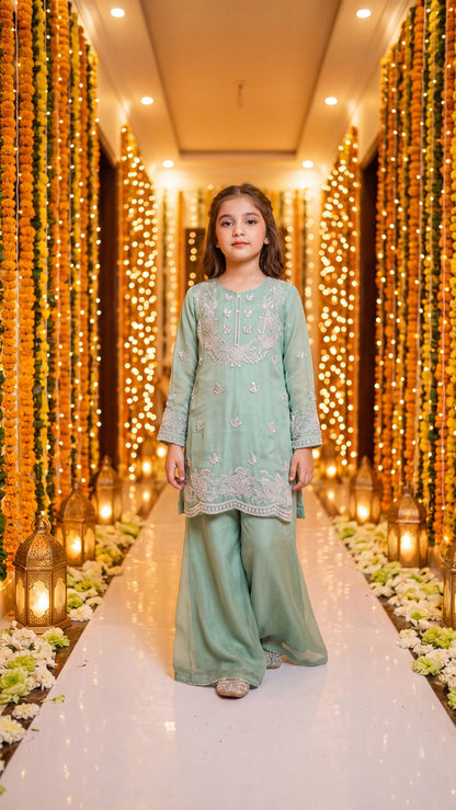 Ayla - Mint Pastel Silver-Embroidered Kurta & Trouser Set