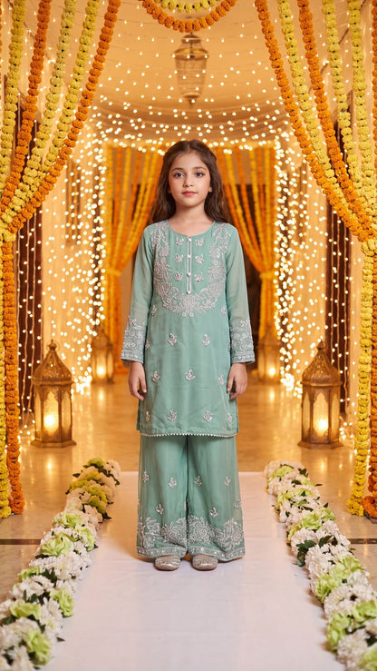 Ayla - Mint Pastel Silver-Embroidered Kurta & Trouser Set
