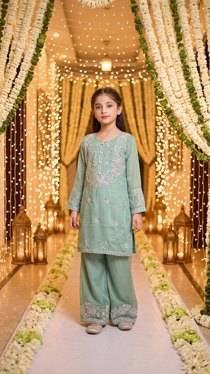 Ayla - Mint Pastel Silver-Embroidered Kurta & Trouser Set