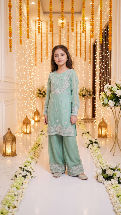 Ayla - Mint Pastel Silver-Embroidered Kurta & Trouser Set