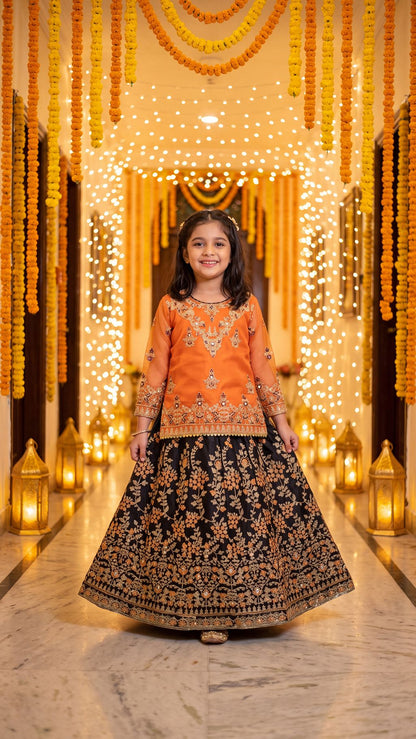 Mehrunisa - Vibrant Orange & Black Embroidered Lehenga Set
