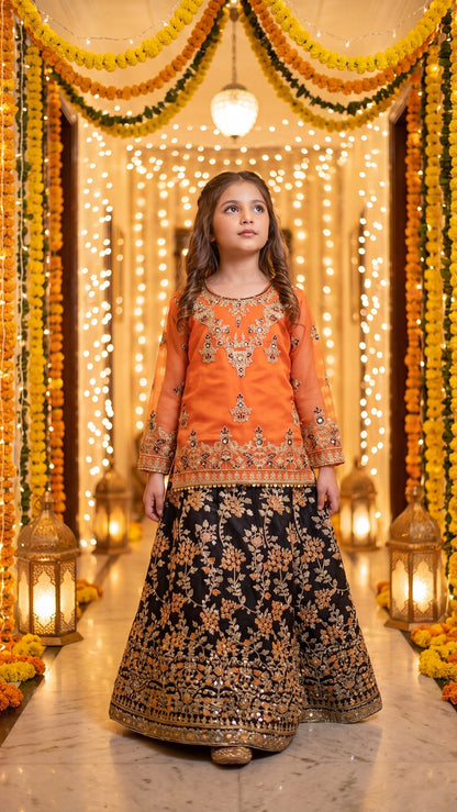Mehrunisa - Vibrant Orange & Black Embroidered Lehenga Set