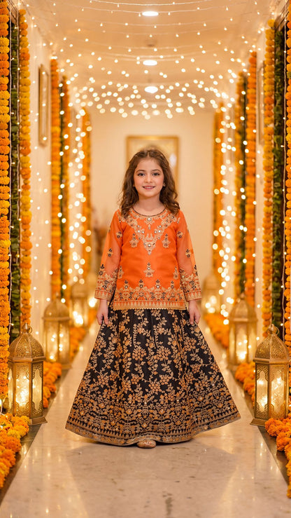 Mehrunisa - Vibrant Orange & Black Embroidered Lehenga Set