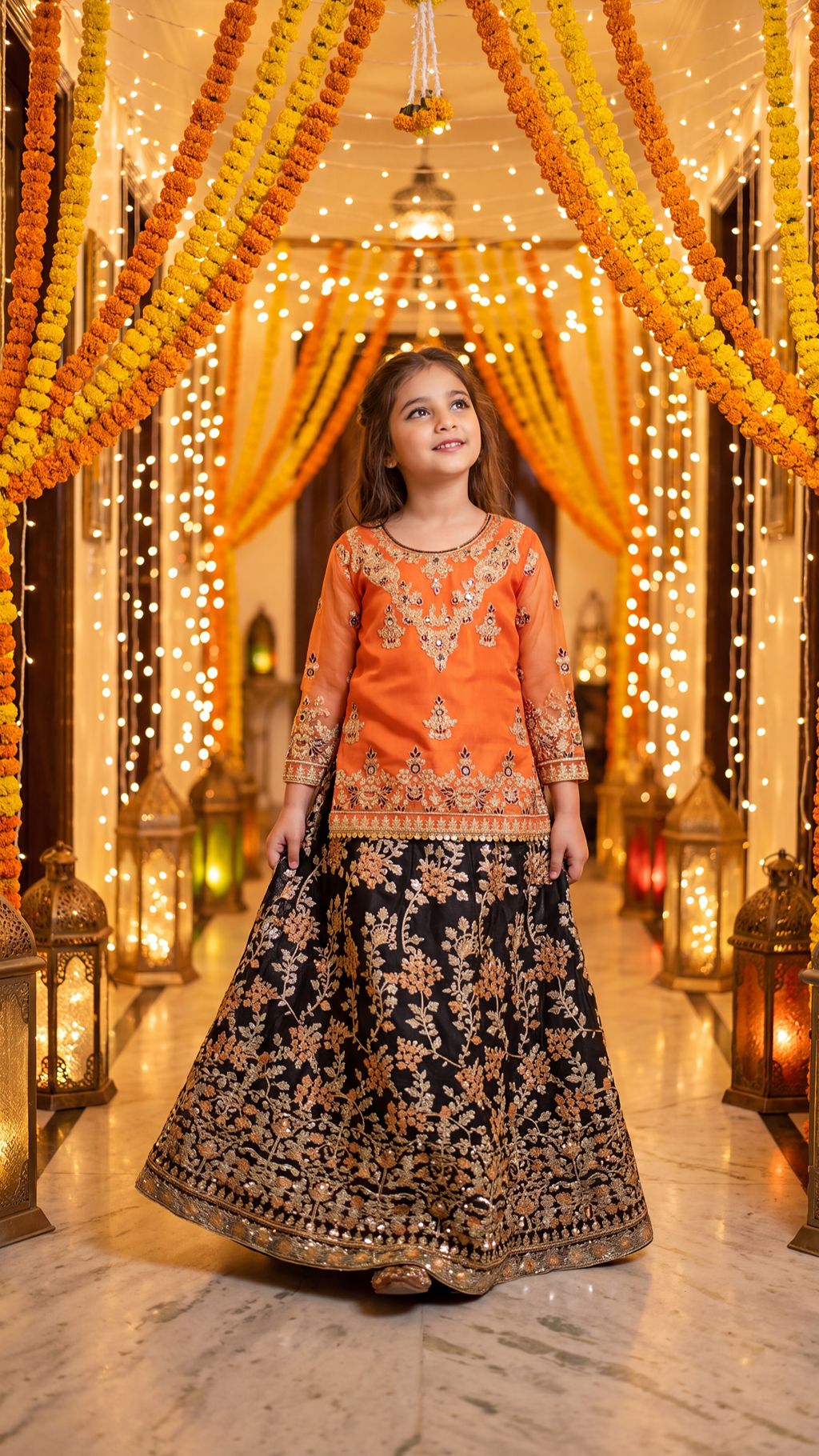 Mehrunisa - Vibrant Orange & Black Embroidered Lehenga Set