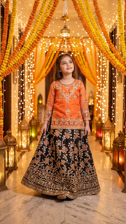 Mehrunisa - Vibrant Orange & Black Embroidered Lehenga Set