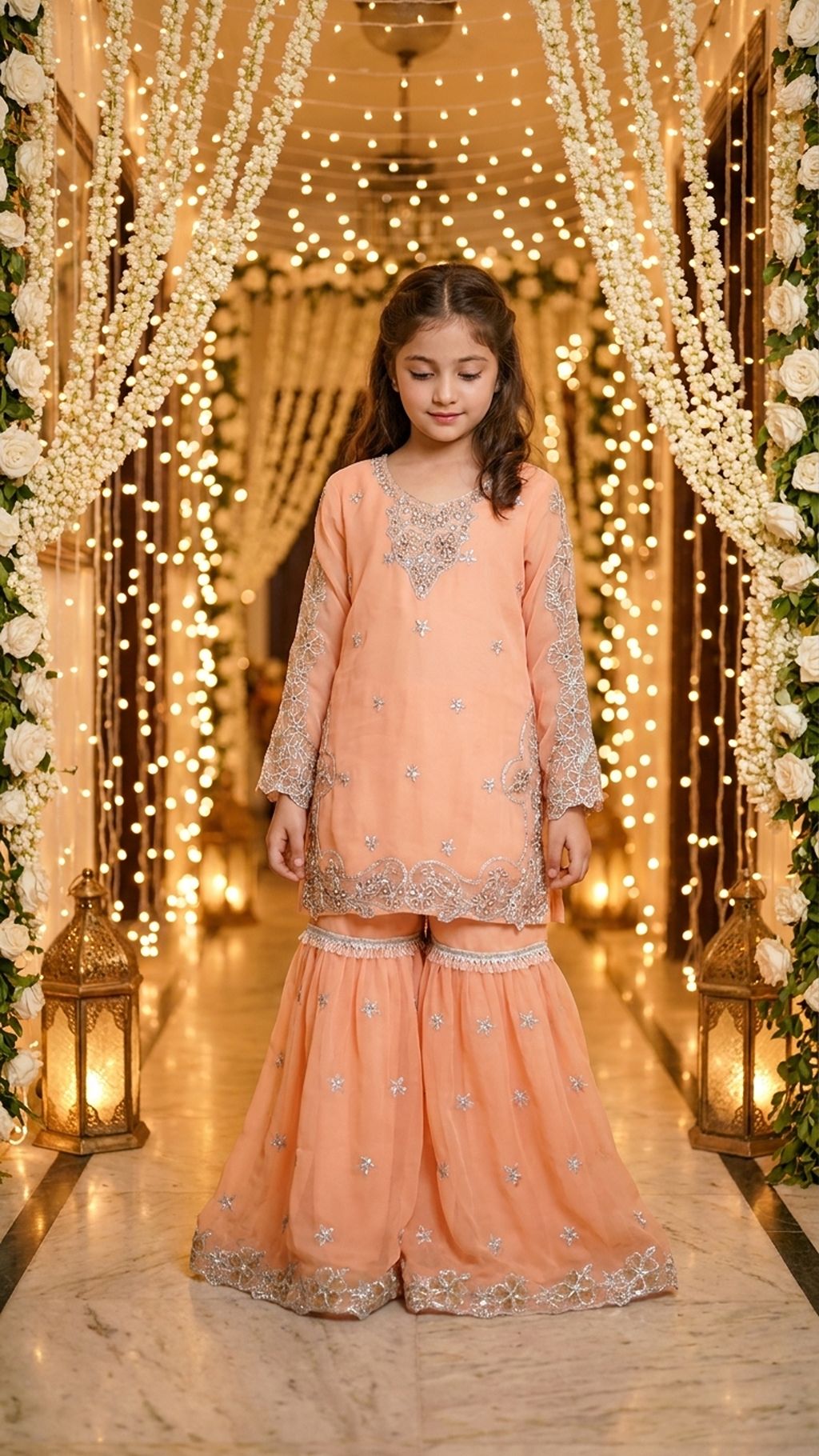 AFIA  - Peach Pastel Silver-Embroidered Gharara Set
