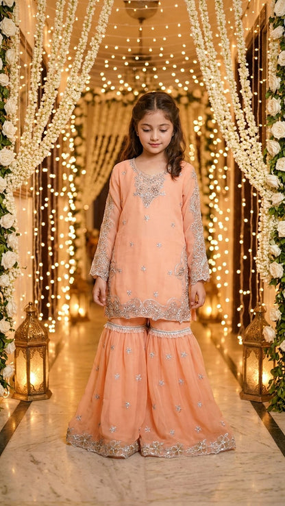 AFIA  - Peach Pastel Silver-Embroidered Gharara Set