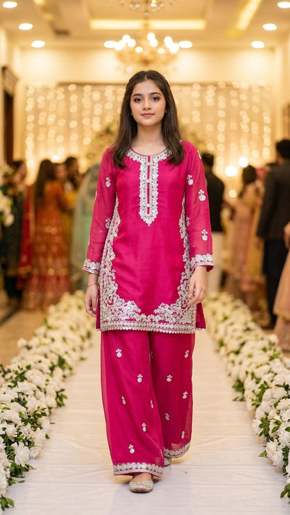 Natasha - Fuchsia Pink Silver-Embroidered Kurta & Trouser Set