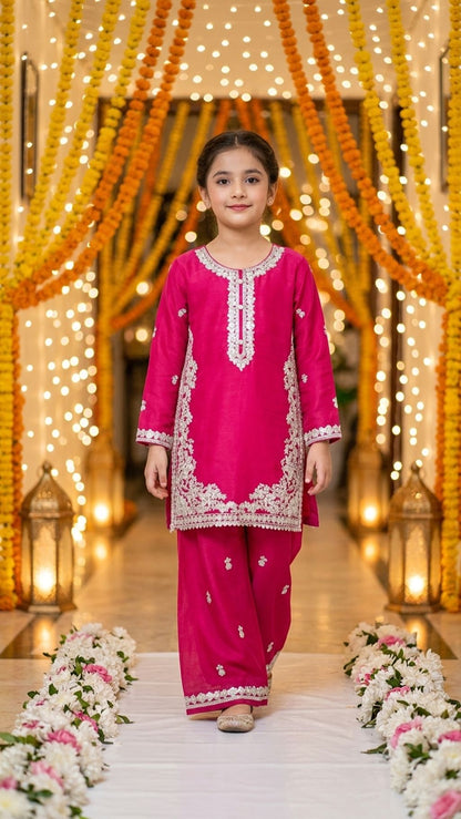 Natasha - Fuchsia Pink Silver-Embroidered Kurta & Trouser Set