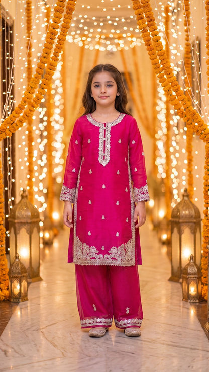 Natasha - Fuchsia Pink Silver-Embroidered Kurta & Trouser Set