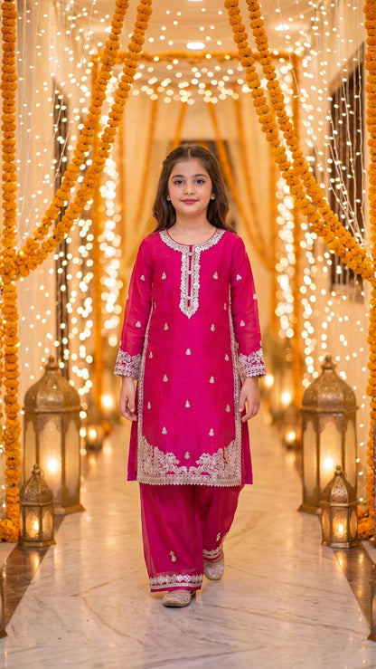 Natasha - Fuchsia Pink Silver-Embroidered Kurta & Trouser Set