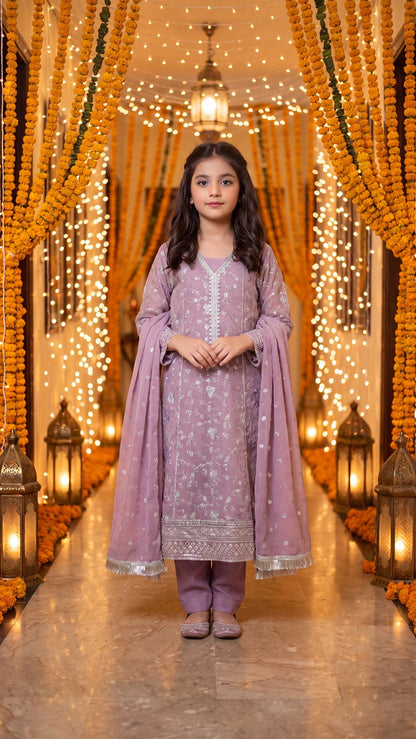 RUDAINA — Lavender Mist: Silver Embroidered Festive Maxi Dress with Trouser & Dupatta