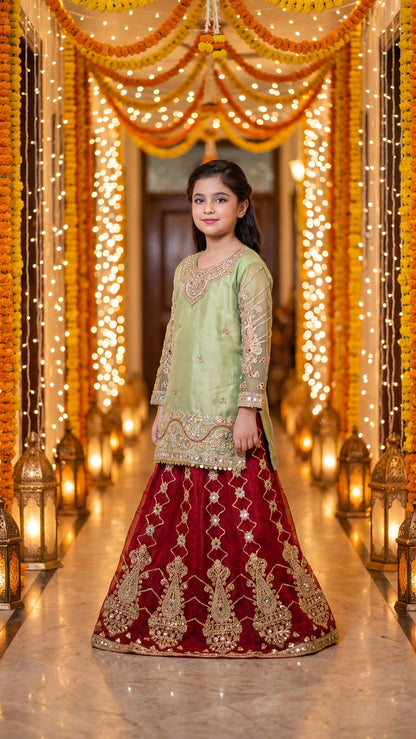 SABA — Olive & Crimson Royal Fusion Lehenga Set