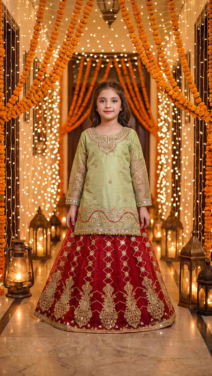 SABA — Olive & Crimson Royal Fusion Lehenga Set