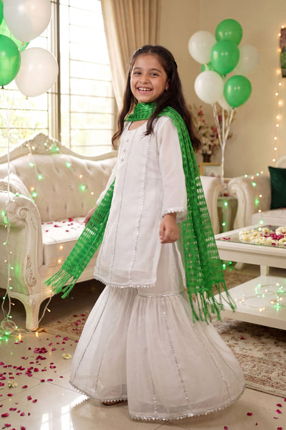 Jashn-e-Azadi: White Gharara Set with Green Dupatta (RESTOCKED)