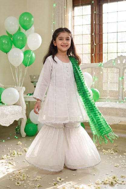 Jashn-e-Azadi: White Gharara Set with Green Dupatta (RESTOCKED)