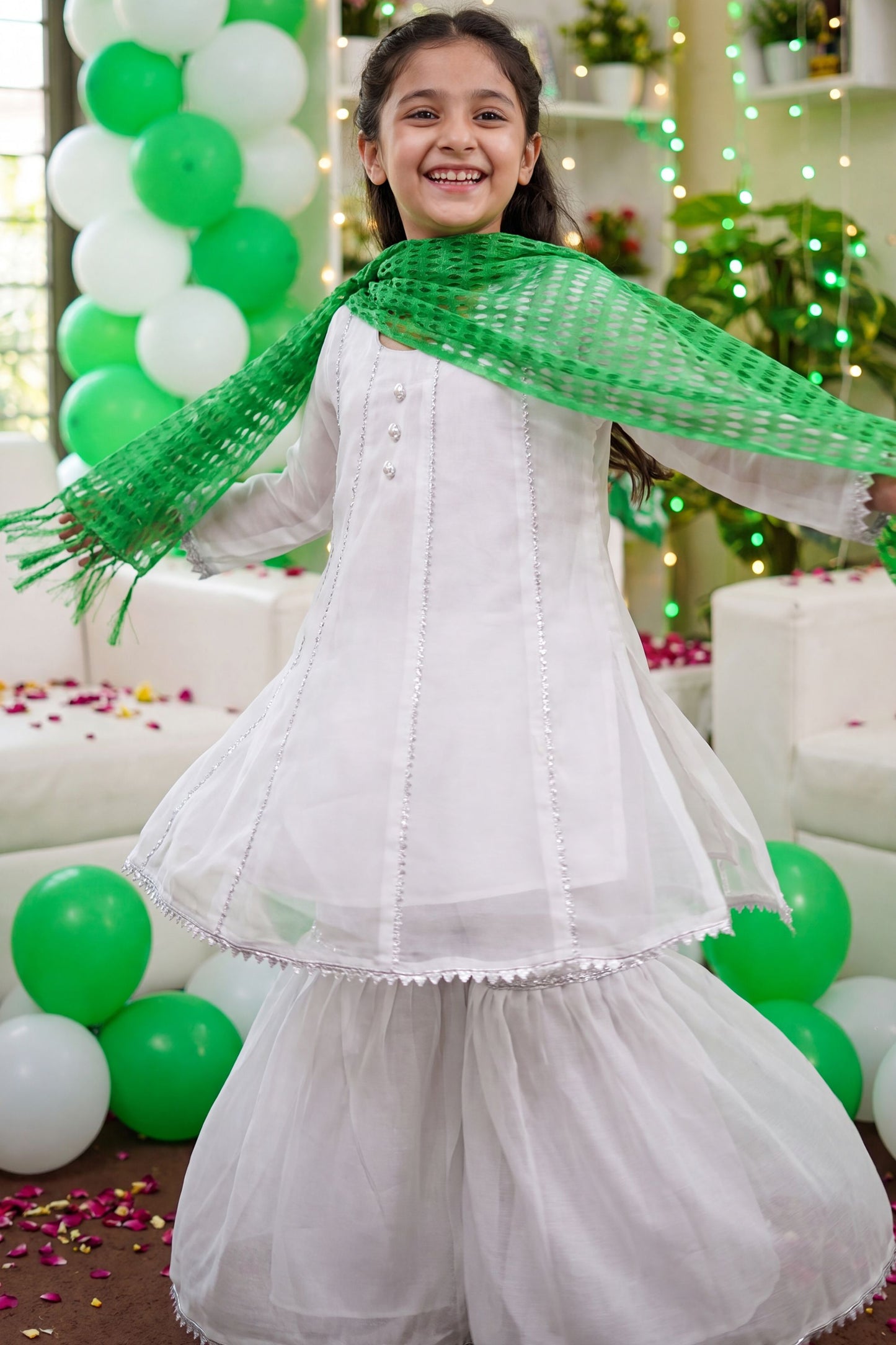 Jashn-e-Azadi: White Gharara Set with Green Dupatta (RESTOCKED)
