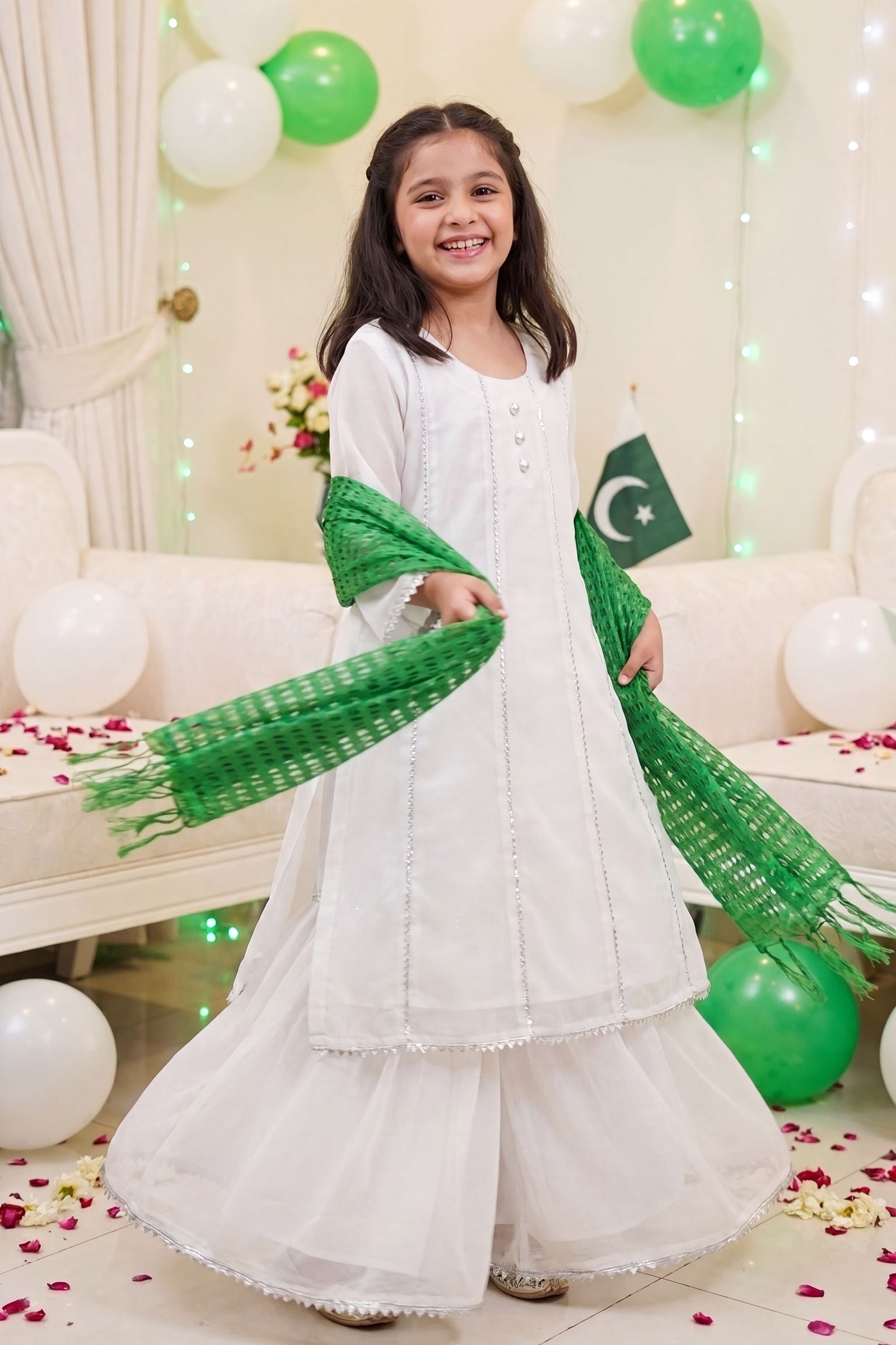 Jashn-e-Azadi: White Gharara Set with Green Dupatta (RESTOCKED)