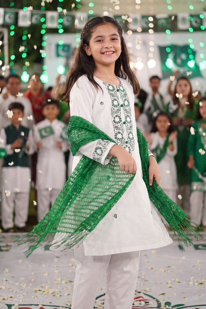 Azadi Joy: Green Embroidered White Kurti & Trouser Set
