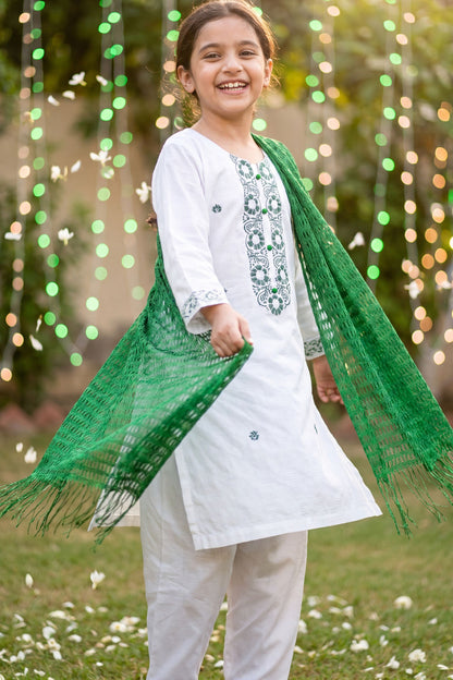 Azadi Joy: Green Embroidered White Kurti & Trouser Set