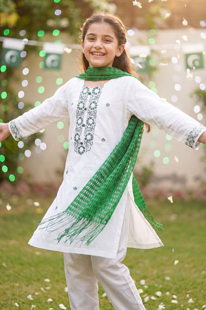 Azadi Joy: Green Embroidered White Kurti & Trouser Set