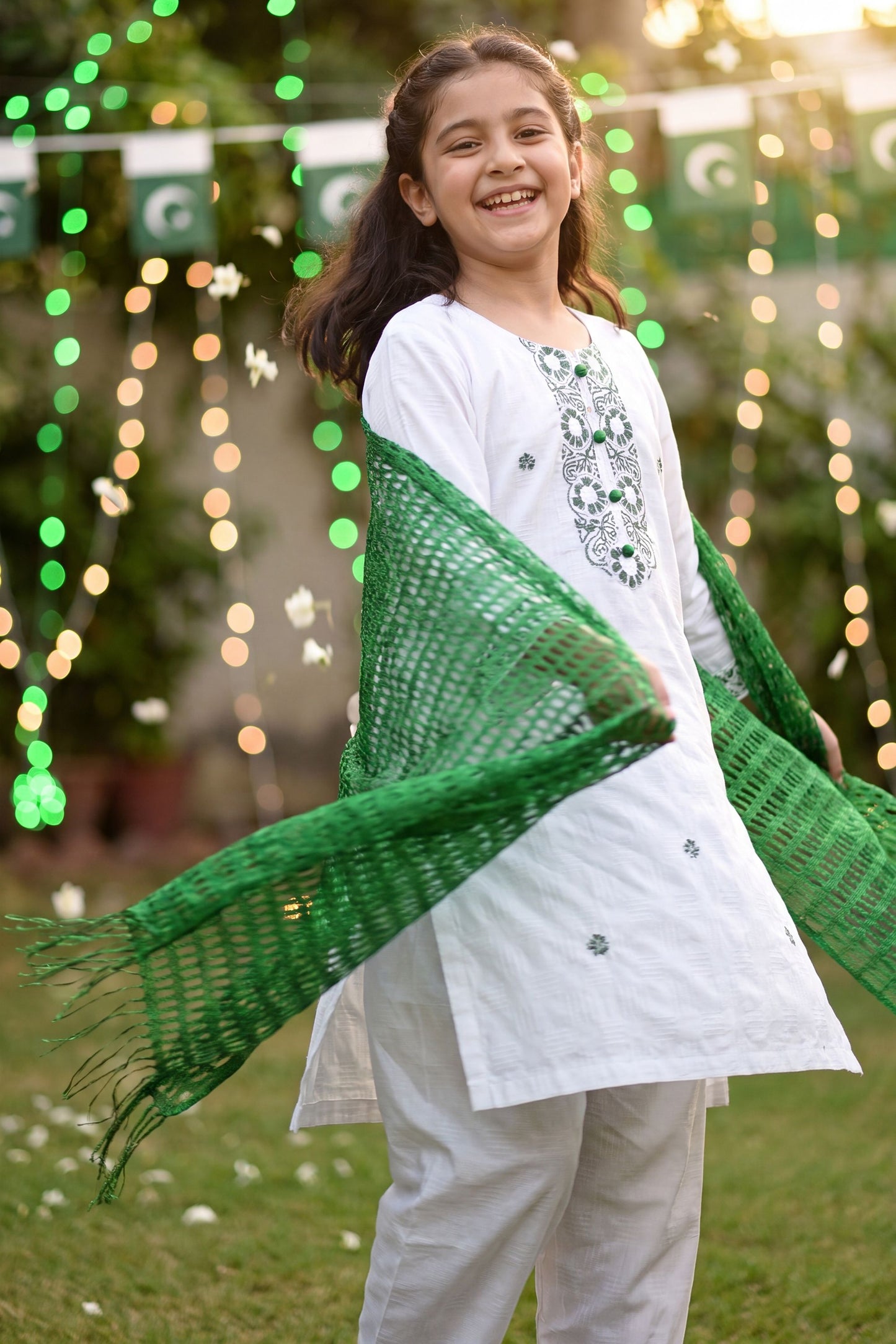 Azadi Joy: Green Embroidered White Kurti & Trouser Set